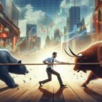 a man pulling a bull and bear